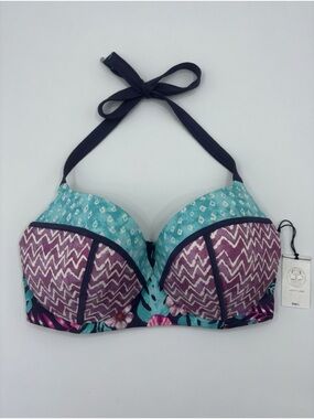 Shade & Shore 38D Halter Bikini Top NWT Floral Chevron Purple Teal Lightly Lined